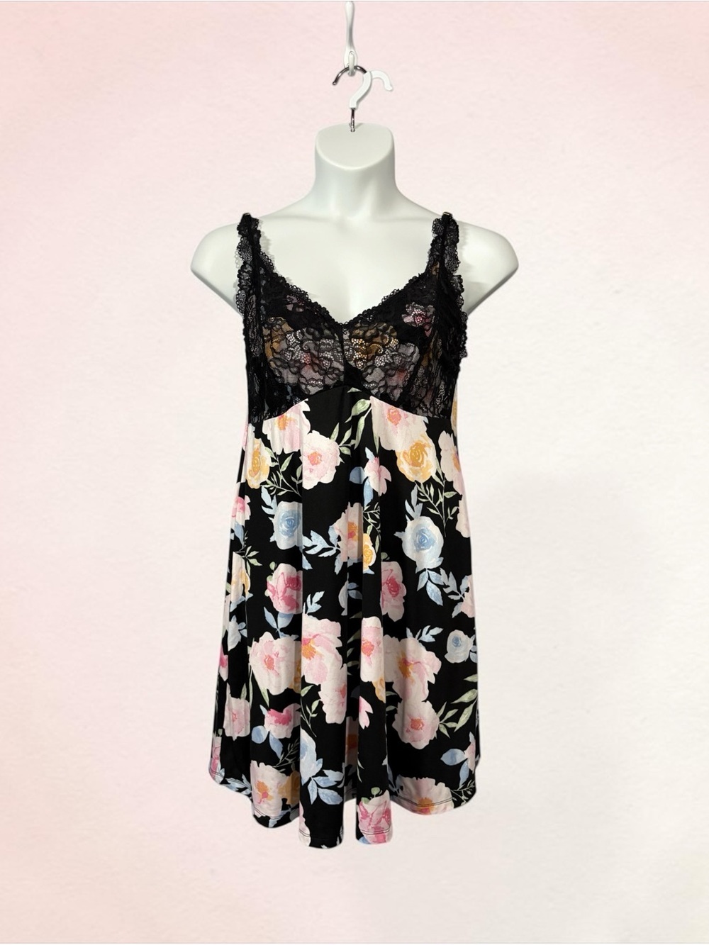 Flora Nikrooz, Floral Lace Chemise Nightgown, XL, Black, Pink, Blue